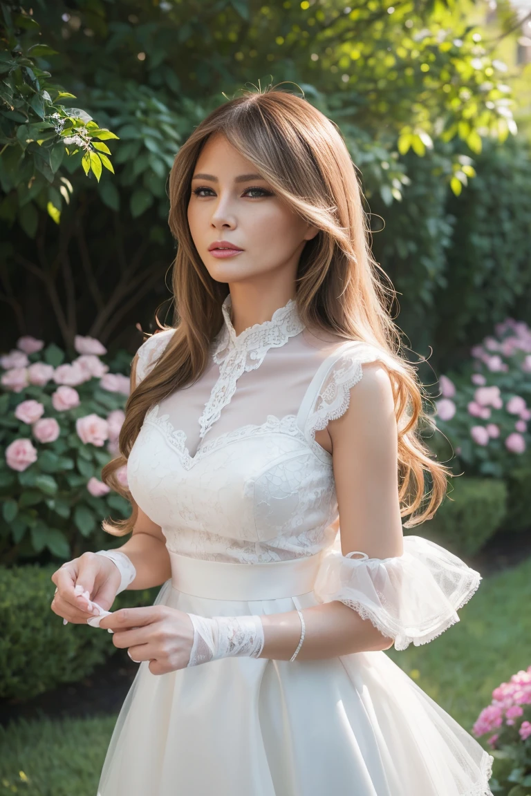 ((Melania Trump)). (Practical:1.3), Meticulous attention to detail, quality, (masterpiece:1.2), Delicate skin， (Intricate details), dramatic, Ray Tracing, 1 Girl, Smile, Very long hair, Bangs, Tutu，（（Lolita_skirt））, have,Ribbon,Lace,stocking, High heel, (outdoor, Sunny Day, garden, cloud). The RAW photo is of the highest quality and the virtual photographer's attention to detail. It is elegant and resembles digital painting, for example, concept art or HDR and CGI.