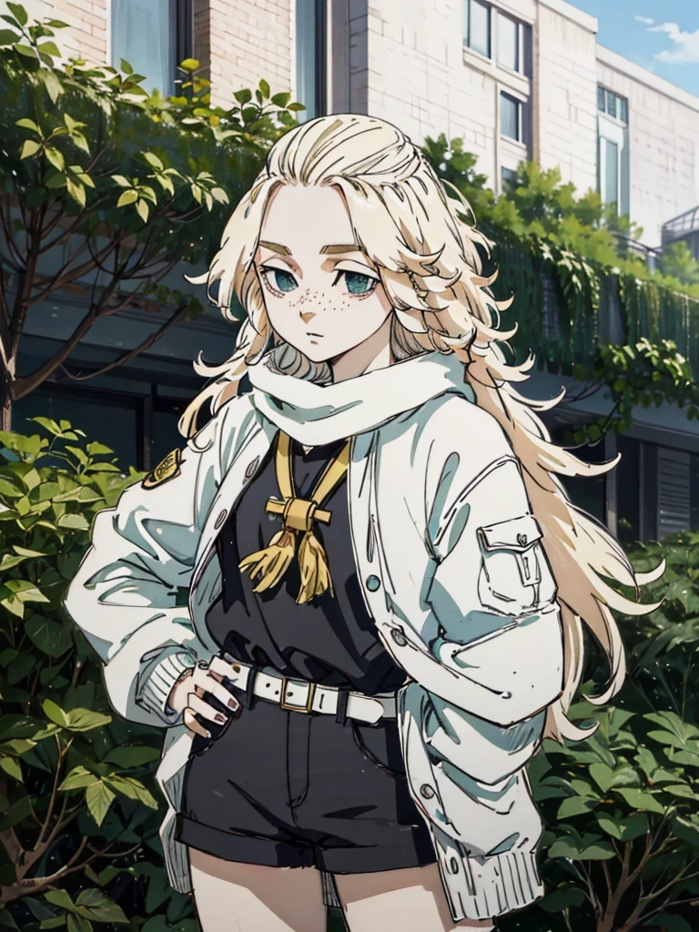 A 20-year-old girl with shoulder-length white hair and green eyes. She has freckles on his nose and a small scar on his eyebrow.