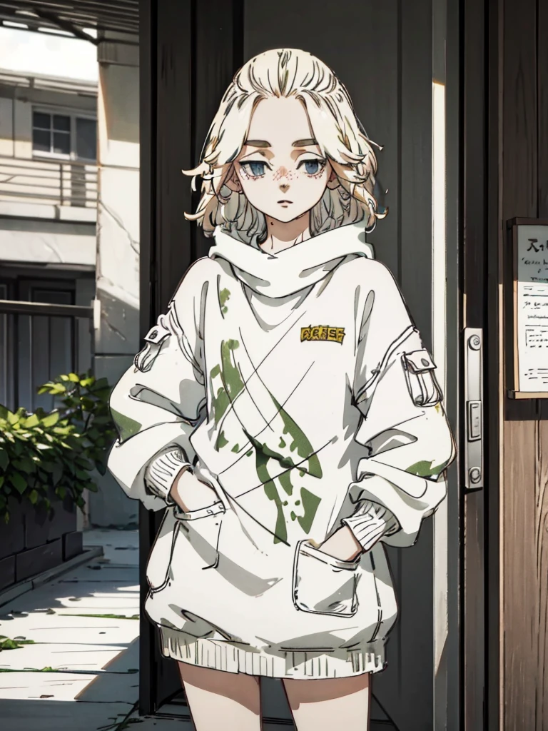A 20-year-old girl with shoulder-length white hair and green eyes. She has freckles on his nose and a small scar on his eyebrow.