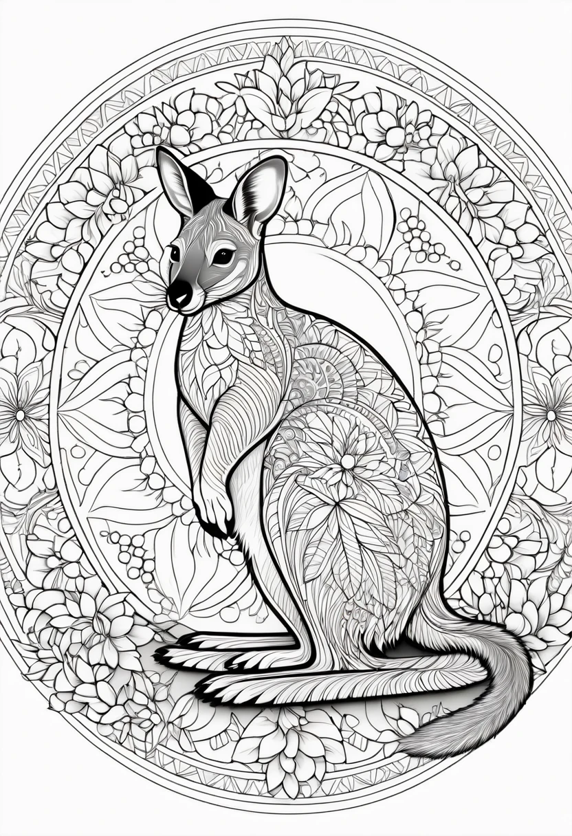 A striking black and white line art coloring page designed for adults with white background, featuring a majestic Wallaby in a mandala-inspired style. The Wallaby is adorned with intricate patterns that include floral and geometric designs, making it an engaging and detailed work of art. The illustration focuses on crisp, clean lines and bold outlines, without any shading or color, allowing the user to bring their own vibrancy to the piece. The minimalistic design, with its thick lines and absence of background details, creates a soothing coloring experience for adults seeking calming and creative activities. illustration