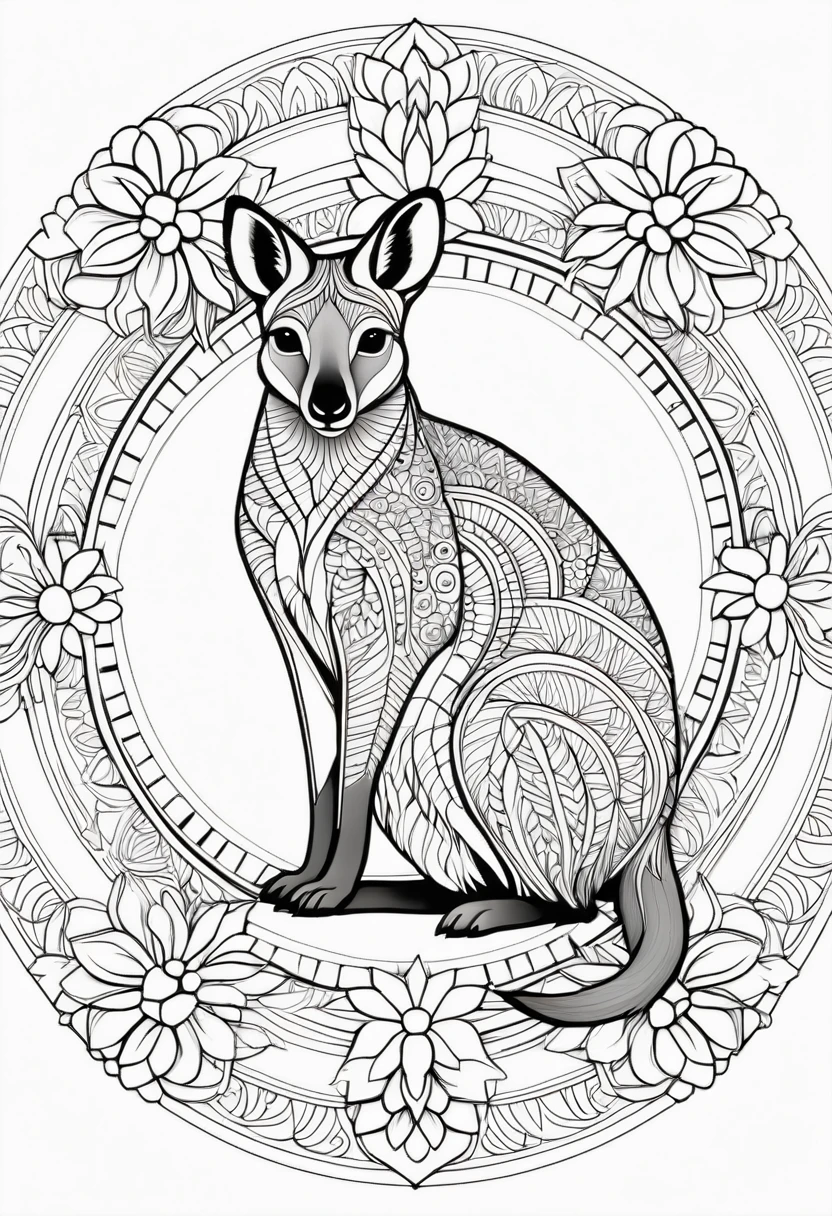 A striking black and white line art coloring page designed for adults with white background, featuring a majestic Wallaby in a mandala-inspired style. The Wallaby is adorned with intricate patterns that include floral and geometric designs, making it an engaging and detailed work of art. The illustration focuses on crisp, clean lines and bold outlines, without any shading or color, allowing the user to bring their own vibrancy to the piece. The minimalistic design, with its thick lines and absence of background details, creates a soothing coloring experience for adults seeking calming and creative activities. illustration