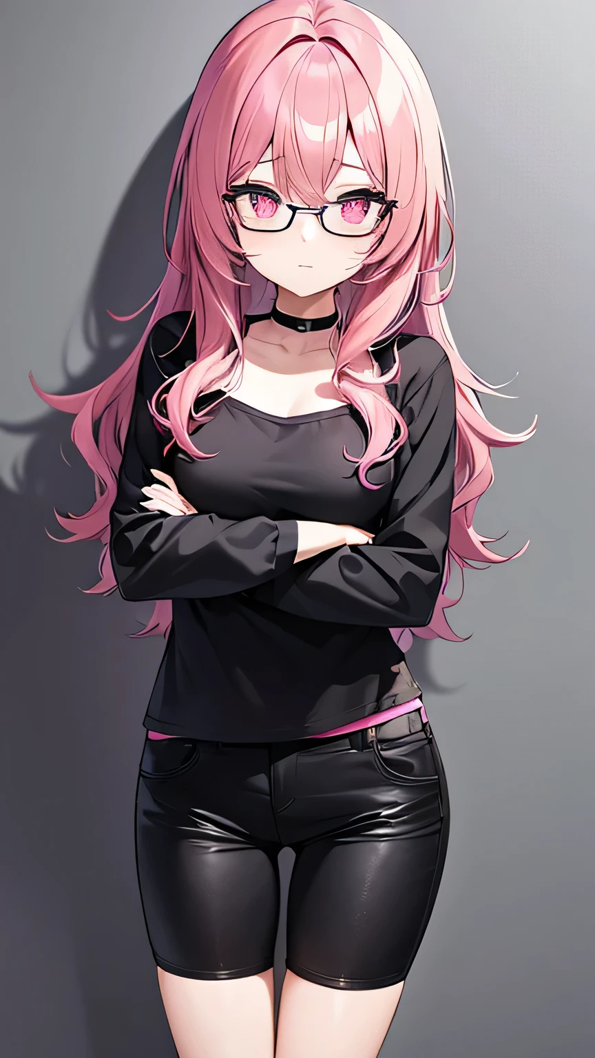 Beautiful Woman, Nerd, Wavy Black and Pink Hair, Big Pink Eyes, Small Nose, Medium Breasts, Black Shirt, Black Pants, Looking Foward, Standing Pose, Neutral Face Expression
