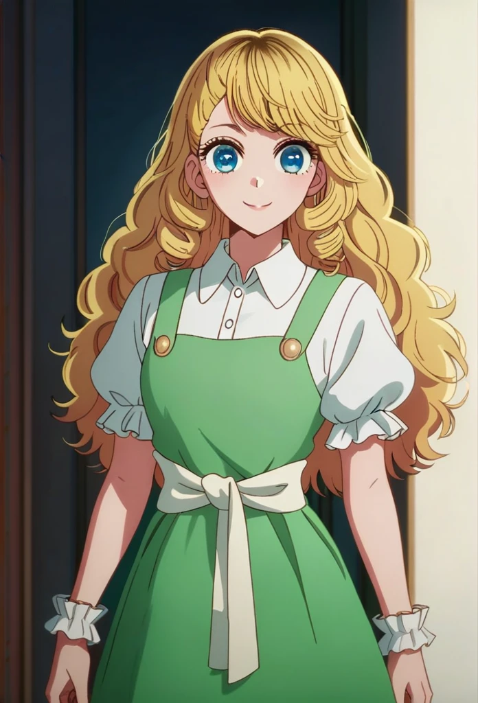 oshi_no_ko_style,blonde curls,sidecurls,fluffy fringe bangs,blue eyes,long eyelashes,cowboyshot,standing,,soft smile,long hair,masterpiece,highres,absurdres,(white puffy short sleeves),collared blouse,solo,frilled cuffs,,teen,(light blue pinafore dress),frilled wristgloves,frilled sweatheart neckline,white sash around the waist,peter pan collar,side curls,princess curls,puffy skirt ended in a frilled white hemline