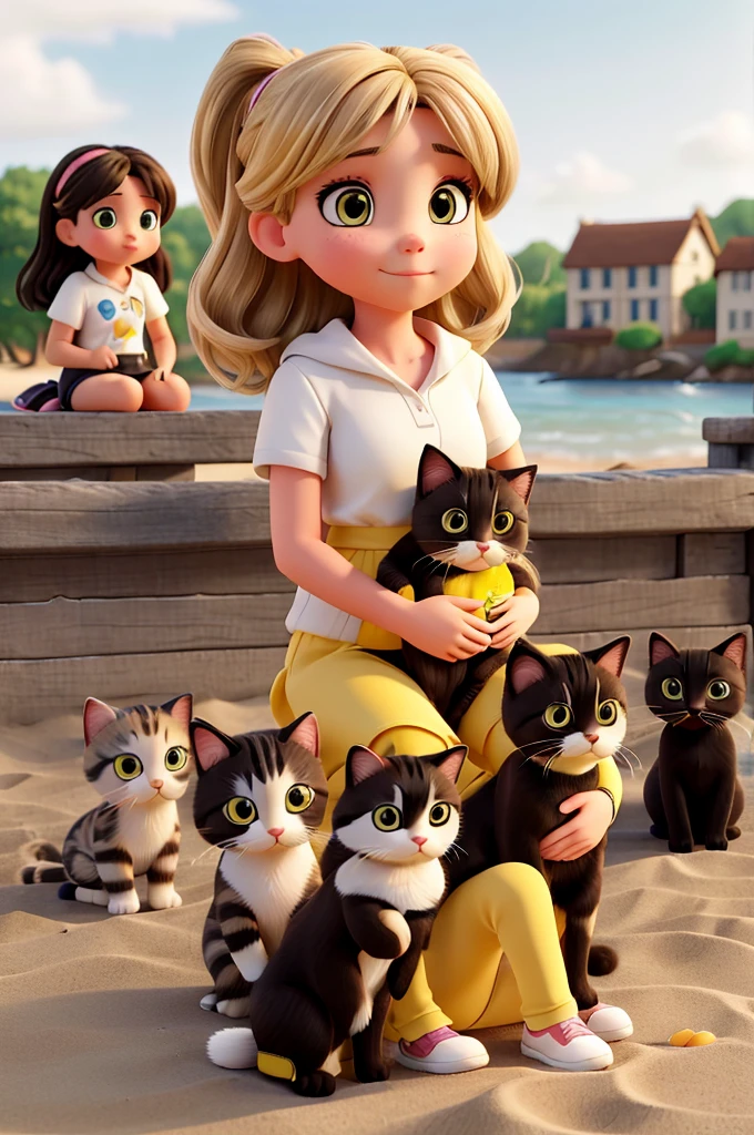 A brunette girl with slightly blonde hair, with a slightly rounded face, holding two kittens, a gray and black cat and another black, white and yellow tricolor cat, are sitting on the beach.