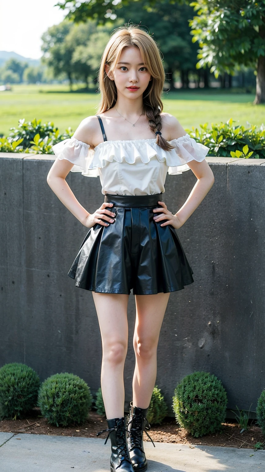 (8k、RAW Photos、Highest quality、masterpiece:1.2)、(Highest quality、Realistic)、1 Girl、((Frills、Black shorts、leather、Blonde、Off the shoulder、Idol Costume、ribbon、See-through、Thin legs、whole body、boots、garden、View from the front、Looking into the camera、Stand with hands on hips))、cute