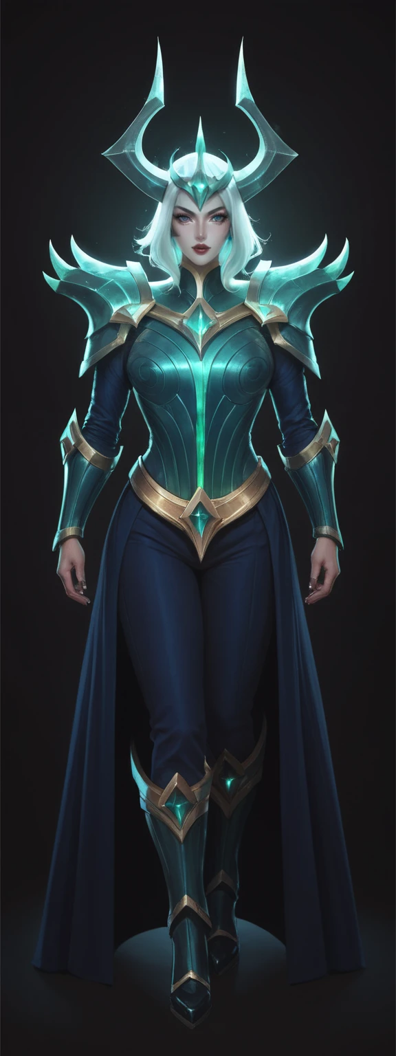 realistic, score_9, score_8_up, score_7_up, score_6_up, 
1girl, solo, from front, full body, Mordekaiser \(league of legends\),  black background, makeup, sidelighting, backlighting, glowing,