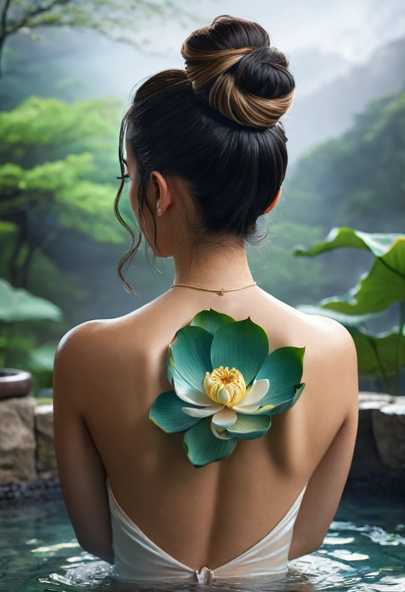 Hight resolution, 1 beautiful mixed girl, High wavy bun, from behind, natural japanese hot spring, beautiful detailed back, low back lotus flower tattoo, water vapor, realistic, photorealistic, photo-realistic:1.37, best quality,4k,8k,highres,masterpiece:1.2,ultra-detailed,vivid colors,extreme detail description,professional