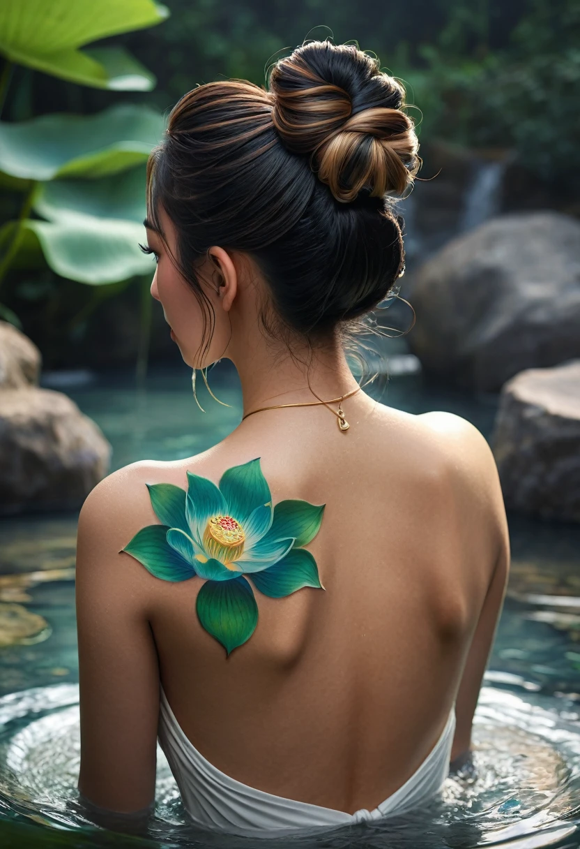 Hight resolution, 1 beautiful mixed girl, High wavy bun, from behind, natural japanese hot spring, beautiful detailed back, low back lotus flower tattoo, water vapor, realistic, photorealistic, photo-realistic:1.37, best quality,4k,8k,highres,masterpiece:1.2,ultra-detailed,vivid colors,extreme detail description,professional