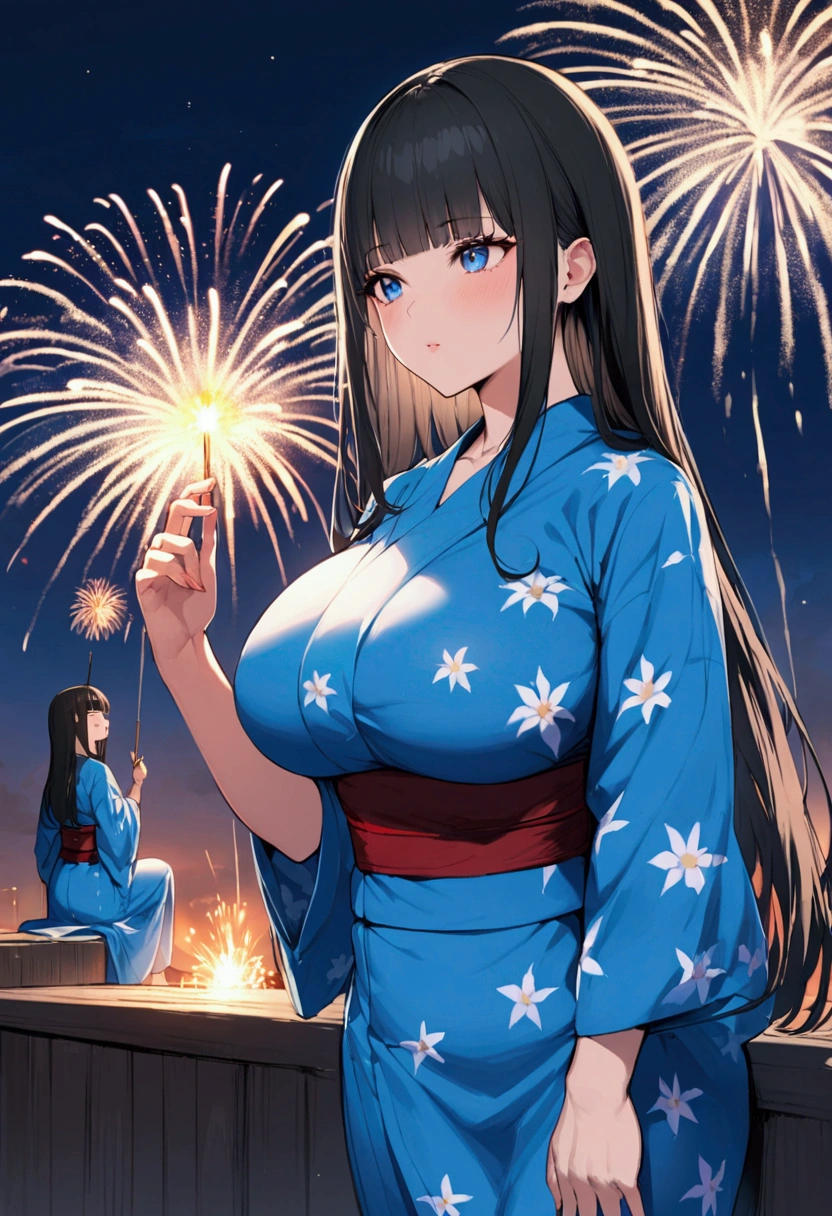 Hime cut with long black hair、Full-body illustration of a girl with straight bangs and blue eyes、Have big breasts、Wearing a yukata、Watching the fireworks explode、tobacco