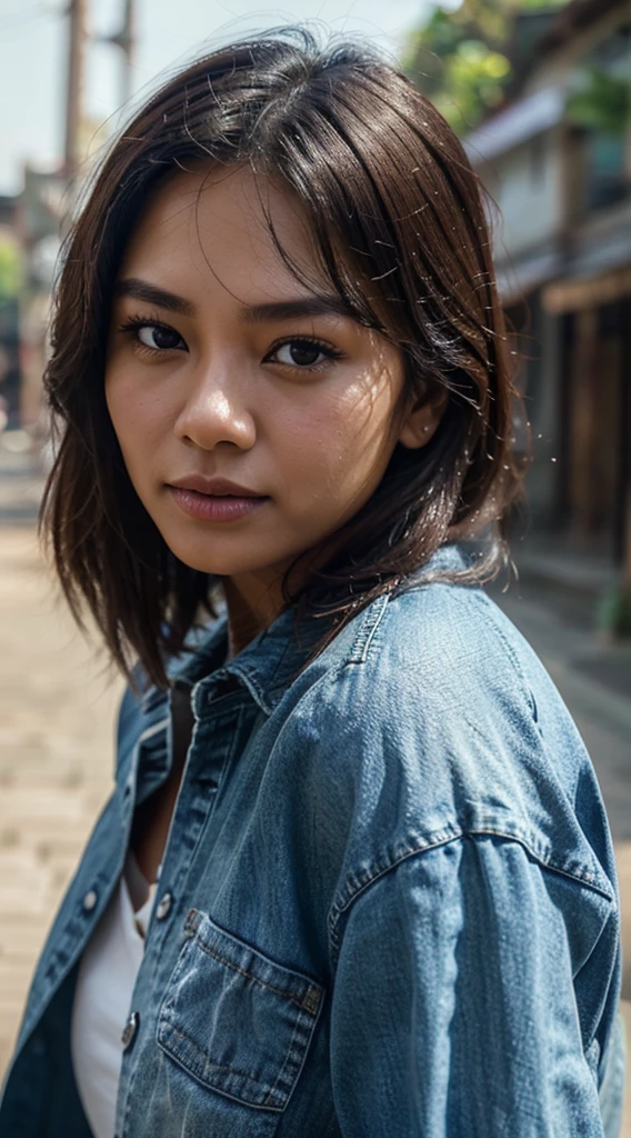Create a close-up 4K realistic photo of a beautiful Indonesian woman wearing a denim shirt. She should have a warm and inviting expression, capturing the details of her features and the texture of the denim fabric. The background should be softly blurred to keep the focus on her face and attire.