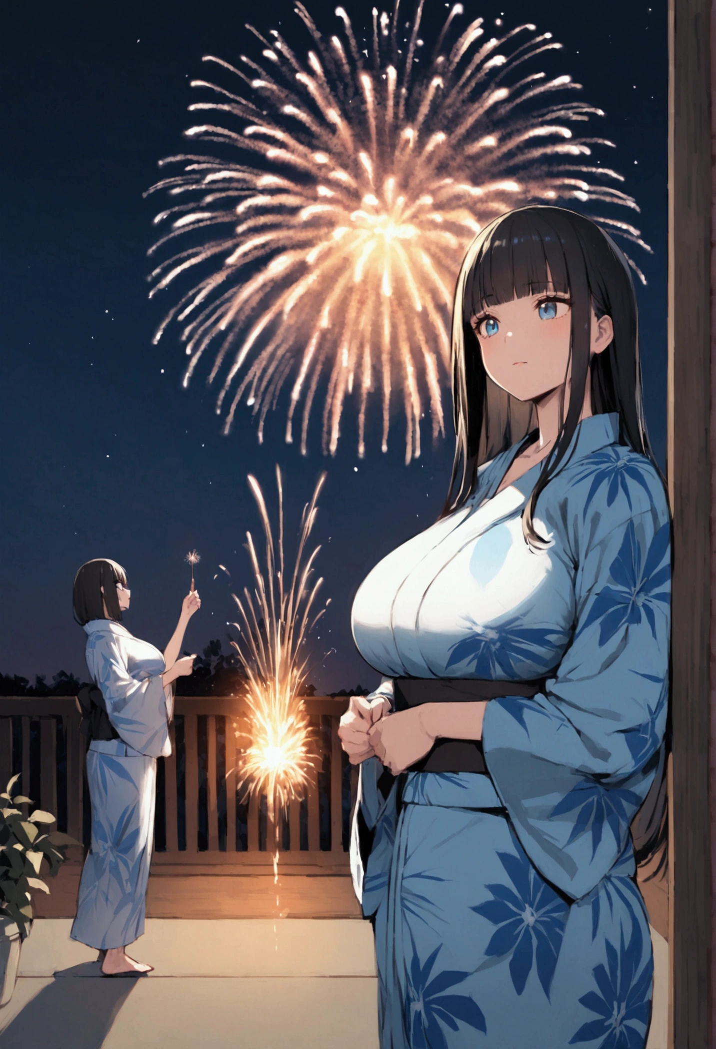 Hime cut with long black hair、Full-body illustration of a girl with straight bangs and blue eyes、Have big breasts、Wearing a yukata、Watching the fireworks explode