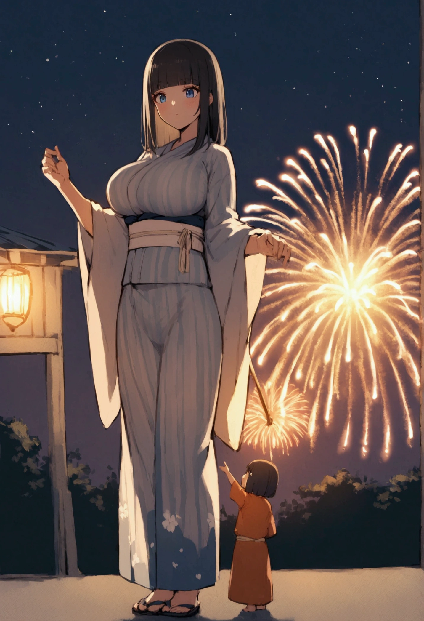 Hime cut with long black hair、Full-body illustration of a girl with straight bangs and blue eyes、Have big breasts、Wearing a yukata、Watching the fireworks explode