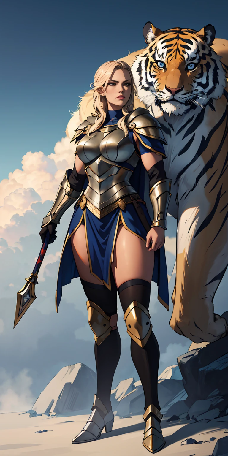 1 Girl (implying one person, likely female)
Full Body: Standing with perfect symmetry
Muscular Build: Strong and defined physique
Turned Arms: Muscular arms positioned behind her back
Theme:
Epic Fantasy: Set in a fantastical world
Asgard: Inspired by Norse mythology (can be subtle or more prominent)
Valkyrie/Lady Knight: Combining elements of a fierce warrior and noble protector
A motif incorporated into her armor, clothing, or environment (tiger stripes, or a tiger pelt cloak)
Visual Style:
Hyper Realistic: Incredibly lifelike detail
Masterpiece: Exceptional quality
8K Resolution: Sharp and high definition
Detailed Drawing: Intricate and richly textured
Superior Quality: The best possible rendering
Epic Composition: Dramatic and visually stunning