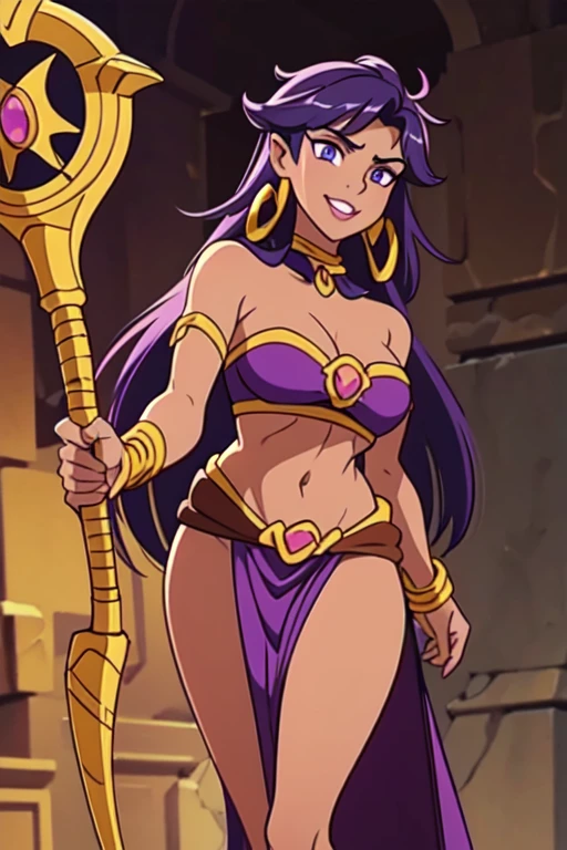 Fantasy style, Fantasy setting, A beautiful young sorceress (1 girl), dark-skinned female, with long purple flowing hair, purple eyes, purple iris, mascaras purple eyeshadow, smile, purple lipstick, skin covered in purple markings, (Wearing: golden headpiece, golden ringed earrings, purple cape, purple strapless top, purple loincloth, pelvic curtain, golden armlets, golden boots), ((Holding a golden staff)), looking mature and alluring at 28 years old, (detailed eyes, detailed lips, extremely detailed face), intricate detailed portrait, photo realistic, 8k, highly detailed, cinematic lighting, warm color palette, castle ruins background, detailed foliage, golden hour lighting, dramatic lighting, dramatic pose, sensual, alluring, captivating gaze, masterpiece
