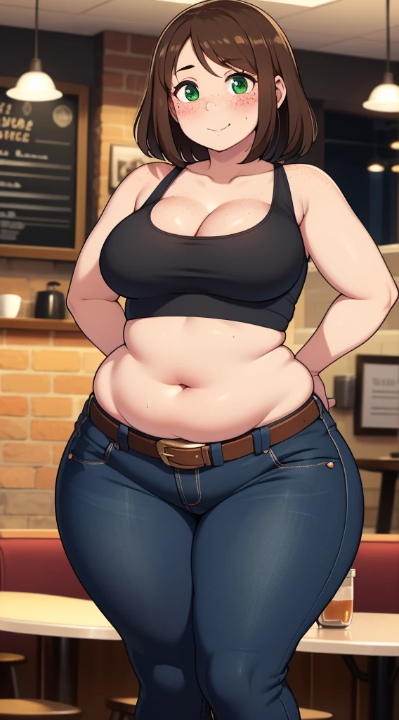  ((highres)), Masterpiece, high quality, best quality, beautiful, perfect lighting, detailed face, ultra cute face, ((1girl)), ((solo), medium brown hair, (fluffy hair), green eyes, freckles, ((blush)), affectionate smile, looking at viewer, cafe, daytime, hands behind back, crop top, jeans, belt, (medium breasts), cleavage, perky breasts, ((wide hips)), pudgy, pudgy belly,