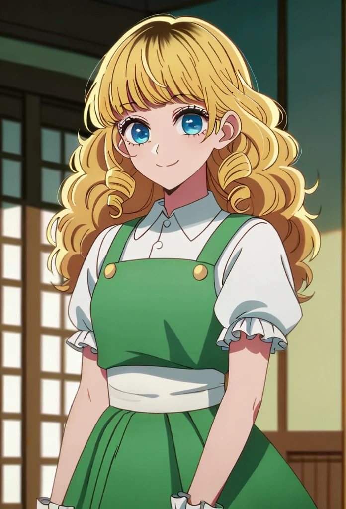 oshi_no_ko_style,blonde curls,sidecurls,fluffy fringe bangs,blue eyes,long eyelashes,cowboyshot,standing,,soft smile,long hair,masterpiece,highres,absurdres,(white puffy short sleeves),collared blouse,solo,frilled cuffs,,teen,(light blue pinafore dress),frilled wristgloves,frilled sweatheart neckline,white sash around the waist,peter pan collar,side curls,princess curls,puffy skirt ended in a frilled white hemline