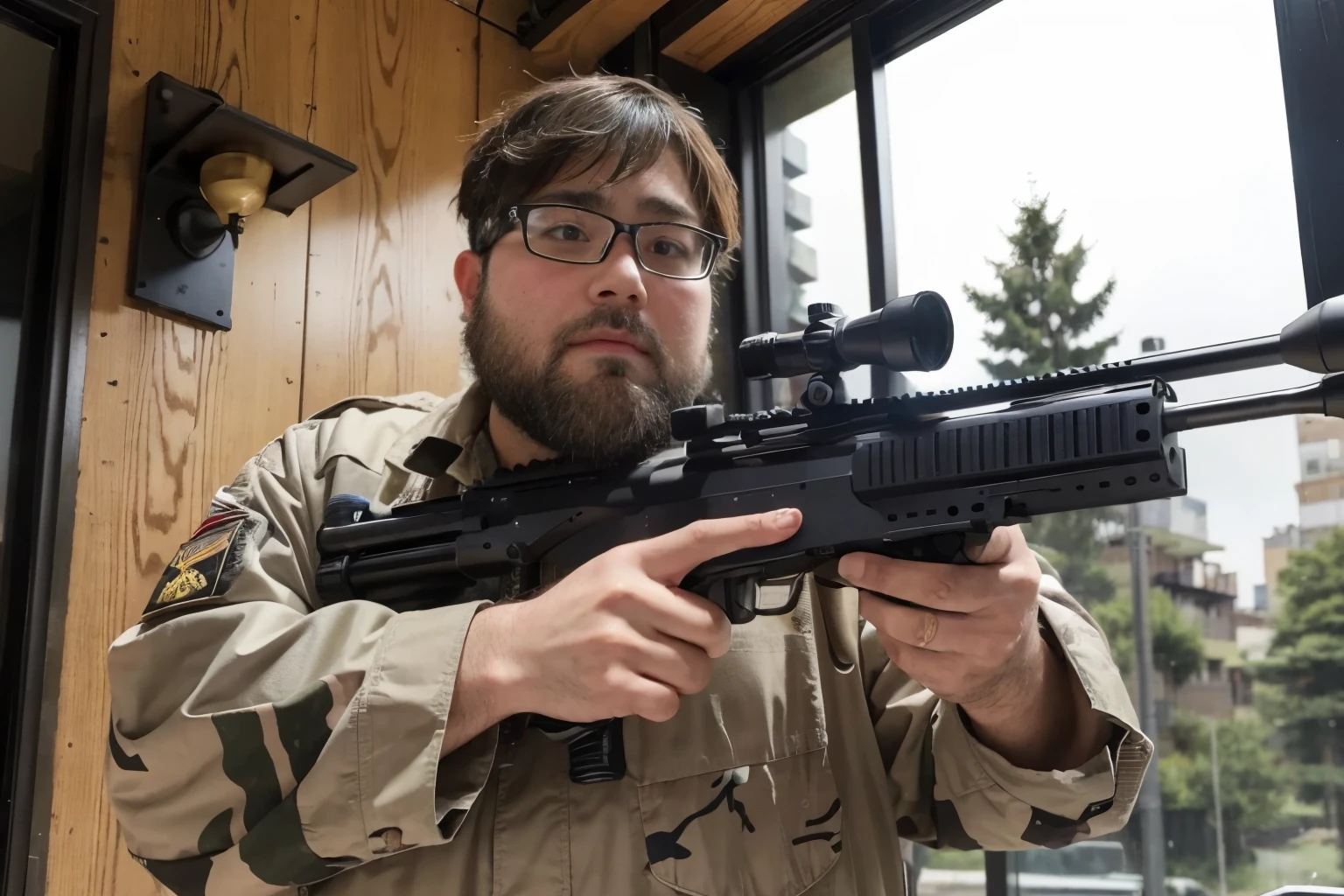 One boy, beard, Glasses, obesity, (Sniper), Sniperライフル, Urban area, indoor, Forest camouflage, Monitoring, tension, Bulletproof helmet, Military boots, stage, High places, Covert behavior, range, long range shooting, Hide in the wall, window