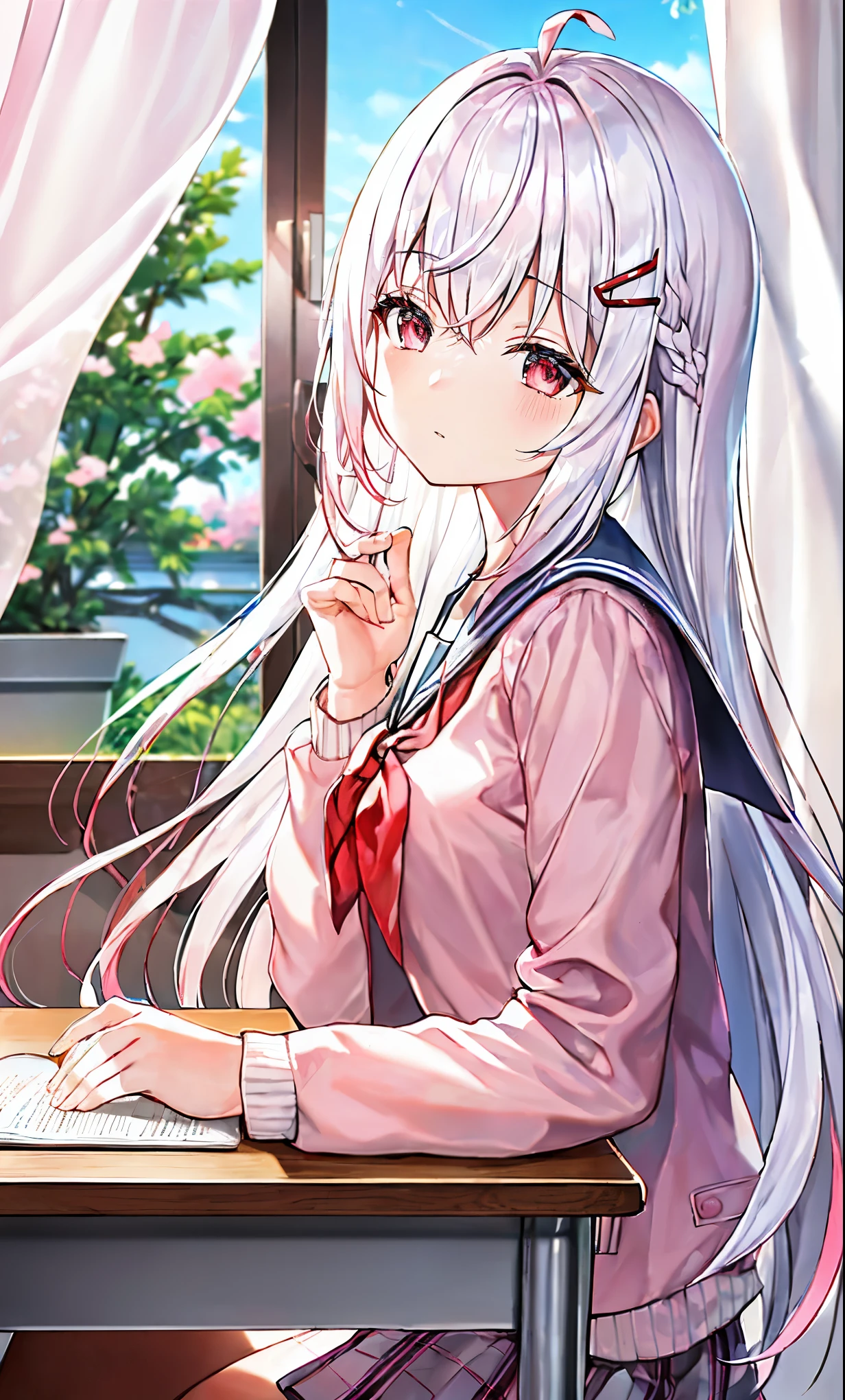 (((Light pink jacket))), (extremely detailed cg unity 8k wallpaper), (masterpiece), (best quality), (ultra-detailed), (best illustration), (best shadow), (an extremely delicate and beautiful), (high quality, highres, highest picture quality), (master's work), ((best quality)). ((Masterpiece)). ((ultra-detailed)). (illustration). (detailed light). (Beautifully detailed eyes). (detailed hand). (detailed finger)*Resolution*Sharpen HDR Colorful*Illustration*8K*Wallpaper*Detailed 8K CG Wallpaper*Full Body*Ray Tracing, 1 girl, solo, red eyes, multicolored hair, desk, (((white hair))), school desk, long hair, sailor collar, bow, (grey serafuku), serafuku, (hairpin), cherry blossoms, white bow hair, red bow between breasts, window, long sleeves, petals, indoors, shirt, head tilt, sidelocks, colored inner hair, (colored_inner_hair:red), hand up, eyeliner, (blush:0.8), floating hair, (depth_of_field:1.1), (dappled_sunlight:1.2), floating curtains, white curtains, ((see-through curtains)), catch hair, streaked hair, untucked shirt, ((looking away)), ((sweep bangs)), (very_long_hair:1.3), expressionless, parted lips, medium breasts, eyes visible through hair, (depth of field:1.1), ((half-closed eyes)), (light pink jacket), open jacket, ahoge, ((from side)), ((upper body)), (hair flip), (hand in own hair), (normal hair style), dynamic angle, sitting, sitting on chair, book, in the school, the lens is wide-angled, (the close-up frontal), sitting in the chair under the table, blue sky, sakura tree 
