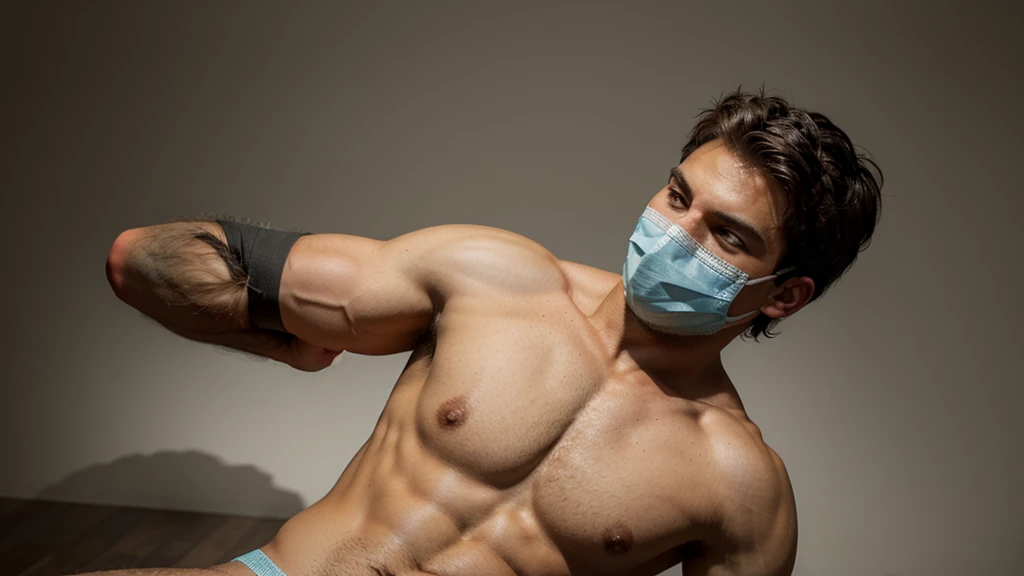 a hot man wearing a full face mask not showing his face, took place in a photo studio with good background and pose, single man, looking realistic, atheltic but not much muscular body being able to look hot in both genders, in the photo will be only one guy with not much atheltic body and a good angle, showing full body and covering his face