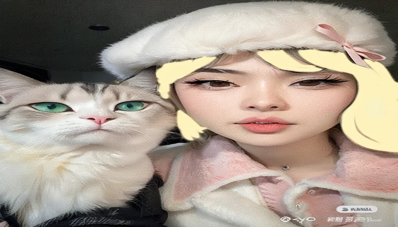 there is a woman with a cat and a hat, Realistic Anime cat, anime girl in real life, anime cat, Realistic Anime art style, kawaii realistic portrait, anime style mixed with fujifilm, Realistic Anime, hyper Realistic Anime, anime-inspired, anime realism style, nixeu e sakimichan, very beautiful fluffy kitten, anime realism, hair blonde, billie eilish