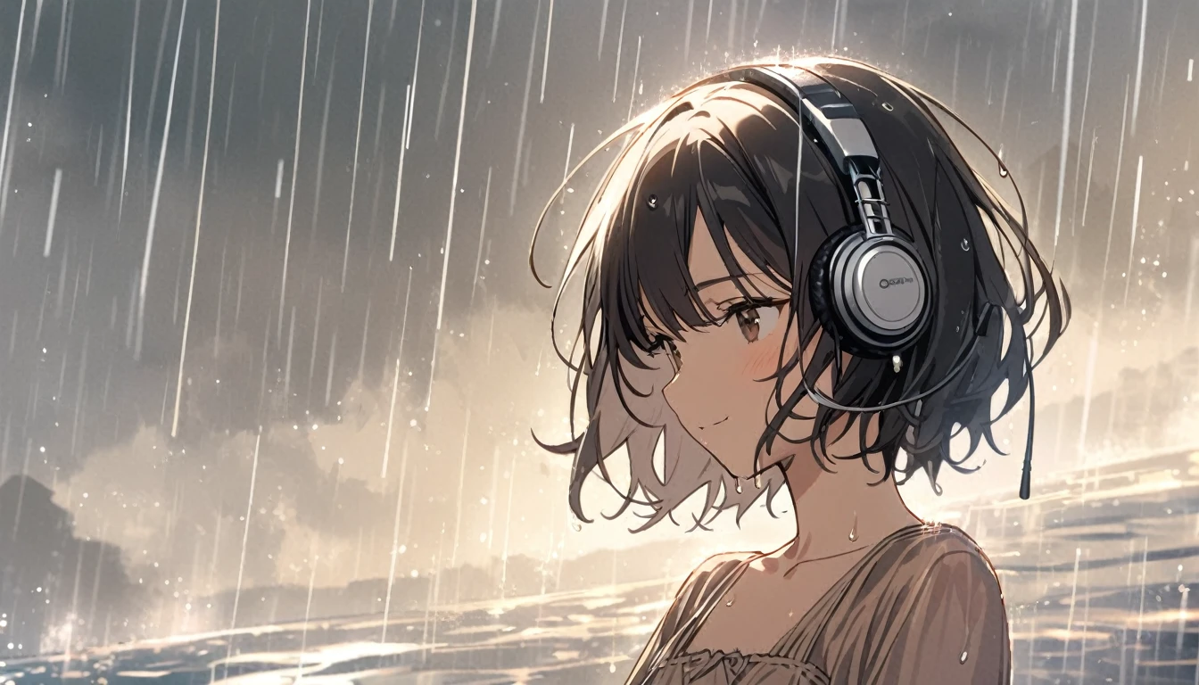 1girl, solo, gentle smile on her face flat chest, short hair, black hair, upper body, A woman in her twenties wearing a pastel brown gown listening to music from her headphone while being wet in the pouring rain