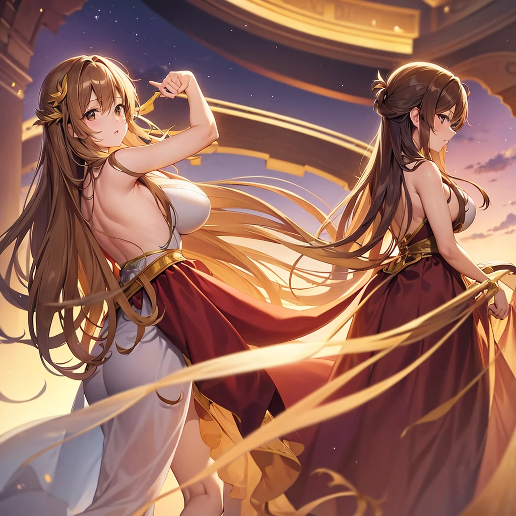 Asuna,STAR,Big Breasts,Brown Hair,Brown long dress,Lots of decoration,sunset,Cleavage Emphasis Pose