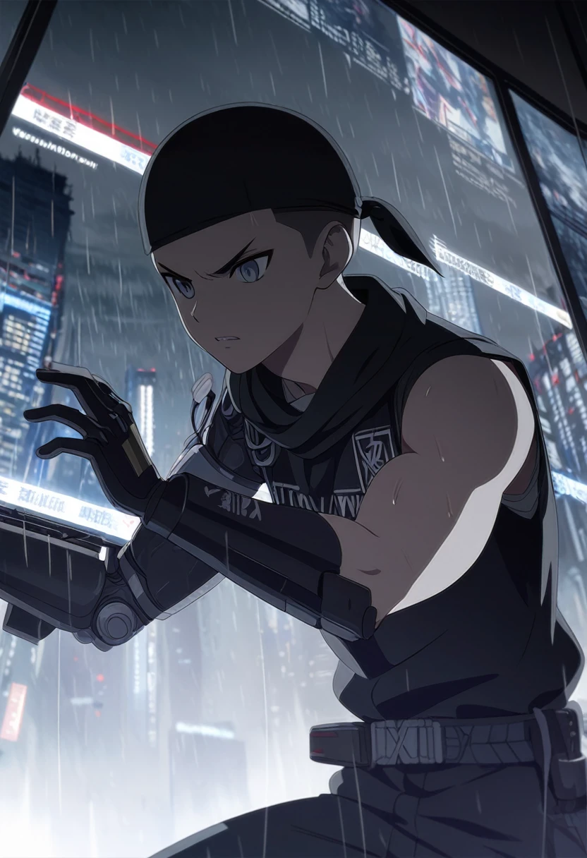 ((Work of art, extremely detailed, looking at screen, dark lighting)), 1 man, 20 years old, buzzcut hair, wearing a black bandana, serious look, in a fighting pose, extremely strong body, wearing a black sleeveless jacket open, mechanical left arm, wide black pants, rainy city scenery in the background.