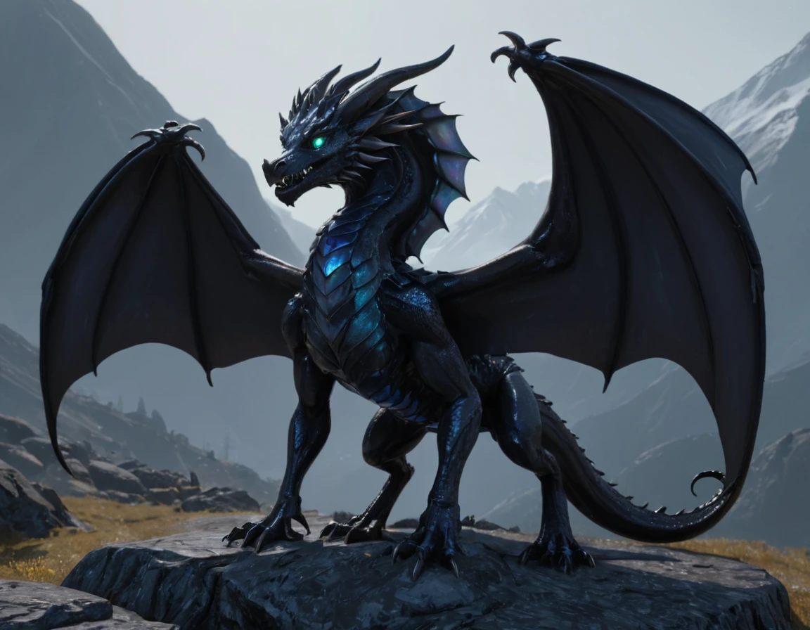 full body portrait of a realistic female obsidian black dragon, black opal wings, symmetrical wings, black opal stomach scales, glowing eyes, huge, long body, four sets of horns of varying sizes curled horns, wolf shaped head, mysterious mountain scenery, full body, cinematic, render, 8k, unreal engine, realistic, masterpiece, high detail, full body, low life, extremely intricate, extreme detail, volumetric lighting