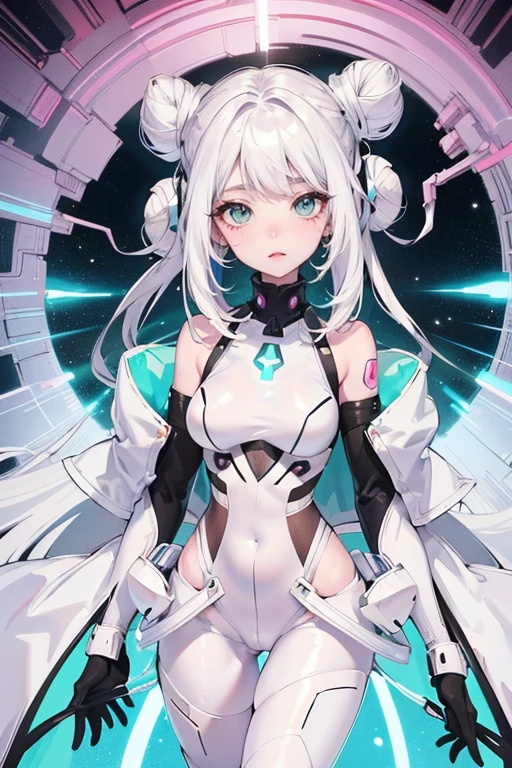 Alien woman,pink skin,( a thin woman with long buns white hair, woman has green eyes, black space medic outfit) best quality, adorable, ultra-detailed, illustration, complex, detailed, extremely detailed, detailed face, soft light, soft focus, perfect face. illustration:full body
