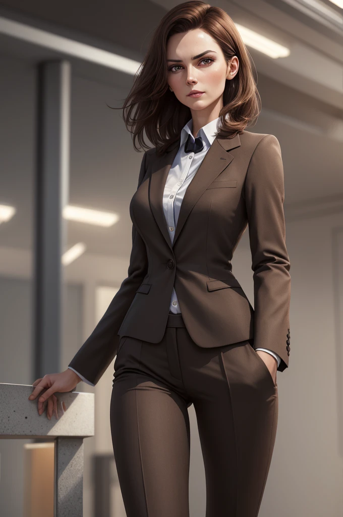 a beautiful woman, 1 girl, medium length brown hair, business suit, detailed facial features, elegant, serious expression, dynamic pose, professional setting, warm lighting, photorealistic, highly detailed, 8k, best quality, masterpiece