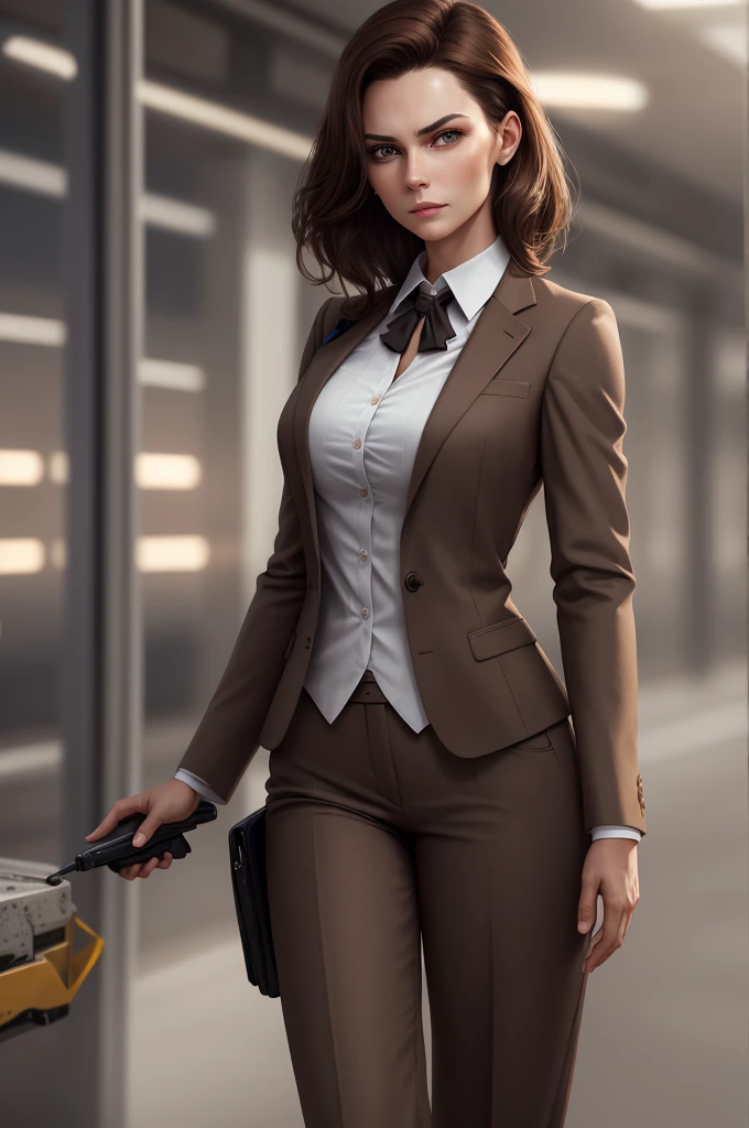 a beautiful woman, 1 girl, medium length brown hair, business suit, detailed facial features, elegant, serious expression, dynamic pose, professional setting, warm lighting, photorealistic, highly detailed, 8k, best quality, masterpiece