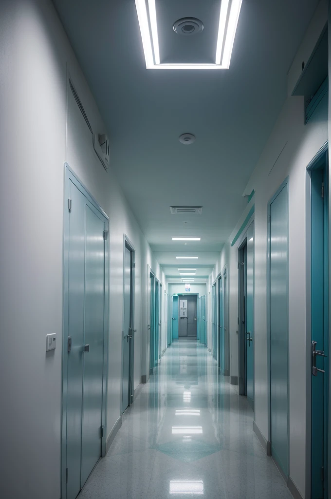 photo of a hospital corridor painted on the walls with geometric designs in shades of blue and water green.,area on light gray background, clean design with cleaner designs without visual pollution, make the ceiling smooth white, smooth gray flooring with softer tones