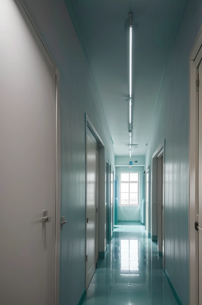 photo of a hospital corridor painted on the walls with geometric designs in shades of blue and water green.,area on light gray background, clean design with cleaner designs without visual pollution, make the ceiling smooth white, smooth gray flooring with softer tones