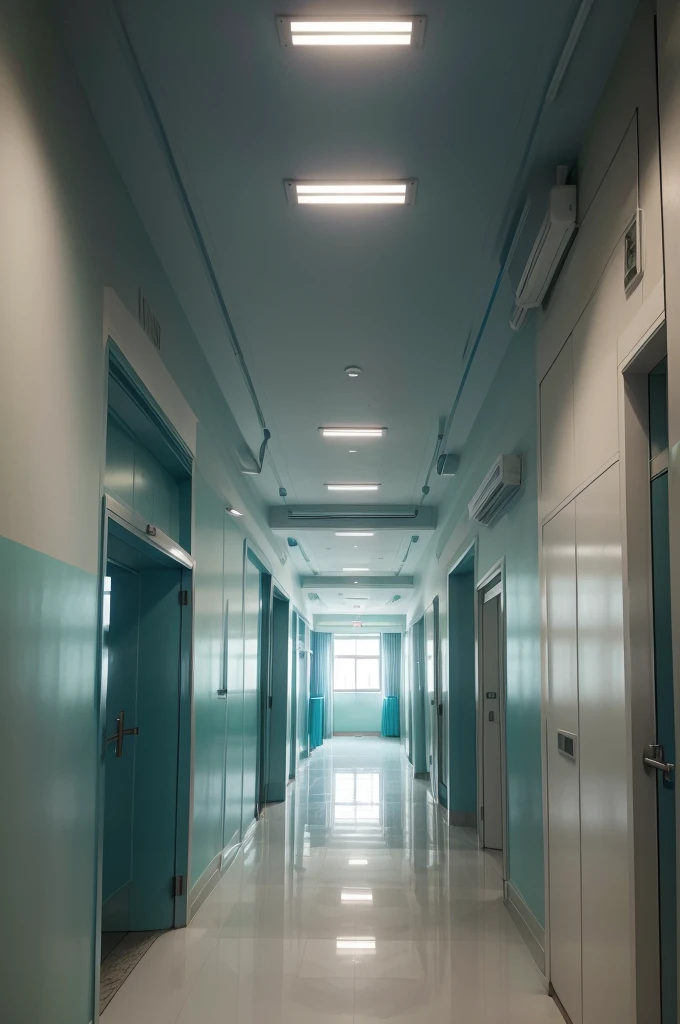 photo of a hospital corridor painted on the walls with geometric designs in shades of blue and water green.,area on light gray background, clean design with cleaner designs without visual pollution, make the ceiling smooth white, smooth gray flooring with softer tones