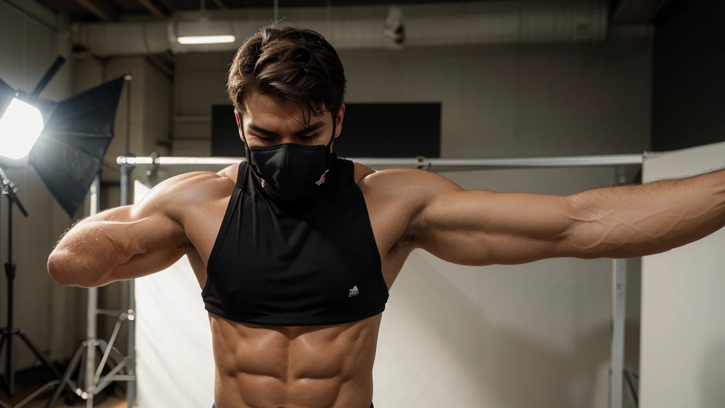 a hot man wearing a full face mask not showing his face, took place in a photo studio with good background and pose, single man, looking realistic, atheltic but not much muscular body being able to look hot in both genders, in the photo will be only one guy with not much atheltic body and a good angle, showing full body and a full face mask covering even his eyes