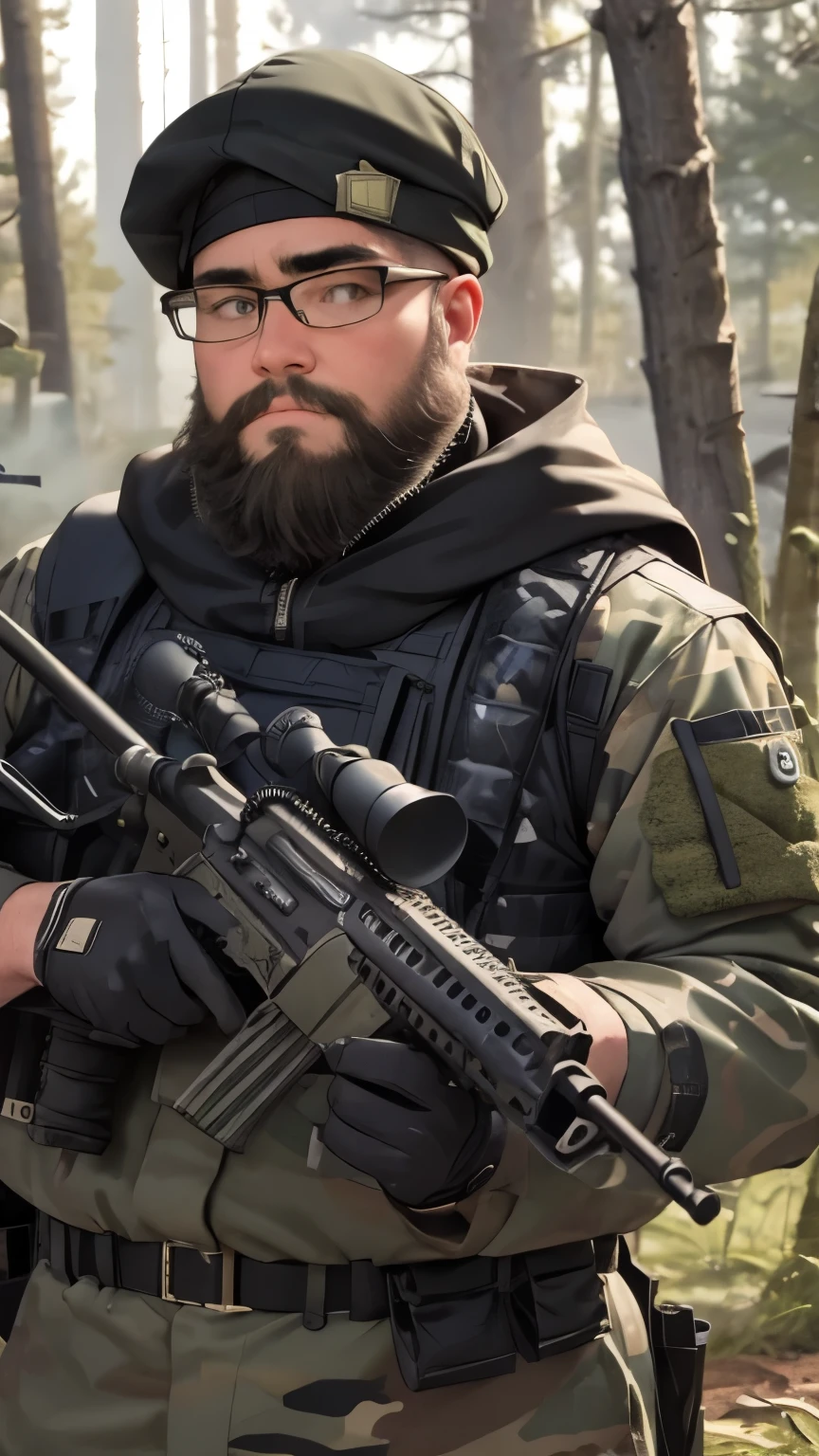 One boy, beard, Glasses, obesity, camouflage, sniper rifle, Prone position, Precision Shooting, uniform, goggles, Suppressor, Quiet environment, forest, Camouflage Net, Shooting stance, Tension, Tactical Vest, High Magnification Scope, Military Gloves