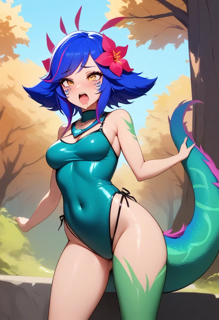 work of art, best qualityer, 1 girl, (realisitic:0.2) Neeko, colored fur, multicolored hair, hair ornament, hair flower, necklase, tummy, lizard tail, facial mark, trunk, woods, looking ahead at viewer, blue sky, incredibly tight outfit, very small clothes, tiny outfit, latex clothing, latex bodycon dress, sexly, orgasm face, orgasm face, drooling, insane sadistic, insane lust, insane pervert, voluptious thighs, coxas grandes e sexly, quadril sexly