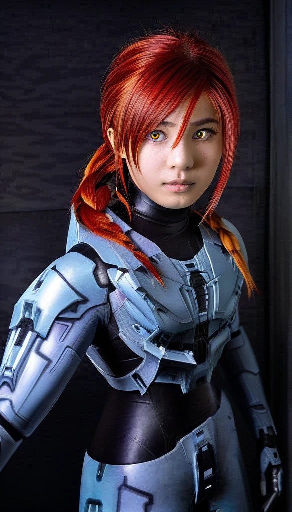 1 Girl、((glowing eyes, red eyes)), Medium Bust、solo、red Hair、Braid、Mobile Race Suit、Shoulder Armor、ceiling、Wide Shot、Looking Ahead、zipup suit 、Closed Mouth、Highest quality、medium quality、22 years old、Mobile Trace System、cockpit、Asian、CyborgCosplay