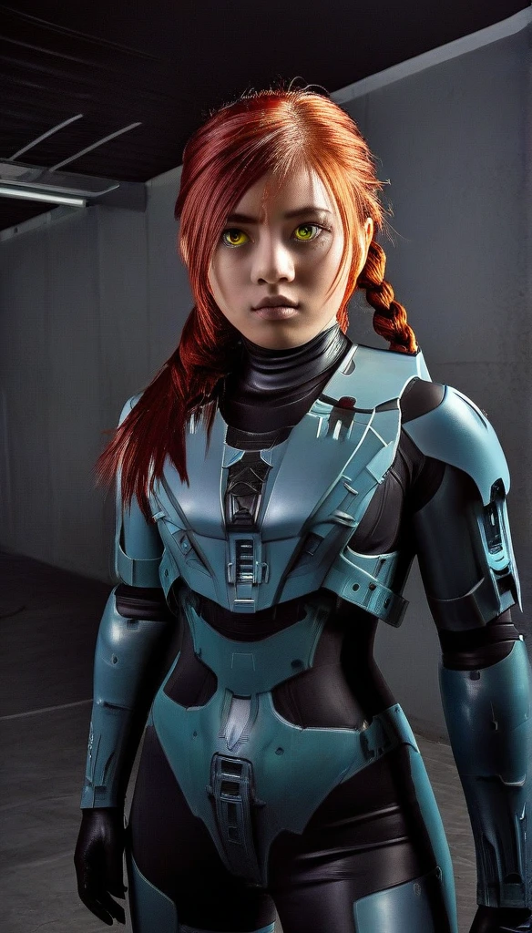 1 Girl、((glowing eyes, red eyes)), Medium Bust、solo、red Hair、Braid、Mobile Race Suit、Shoulder Armor、ceiling、Wide Shot、Looking Ahead、zipup suit 、Closed Mouth、Highest quality、medium quality、22 years old、Mobile Trace System、cockpit、Asian、CyborgCosplay
