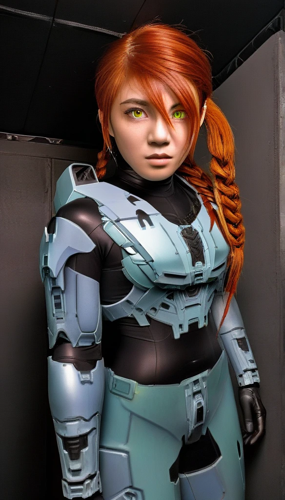 1 Girl、((glowing eyes, red eyes)), Medium Bust、solo、red Hair、Braid、Mobile Race Suit、Shoulder Armor、ceiling、Wide Shot、Looking Ahead、zipup suit 、Closed Mouth、Highest quality、medium quality、22 years old、Mobile Trace System、cockpit、Asian、CyborgCosplay