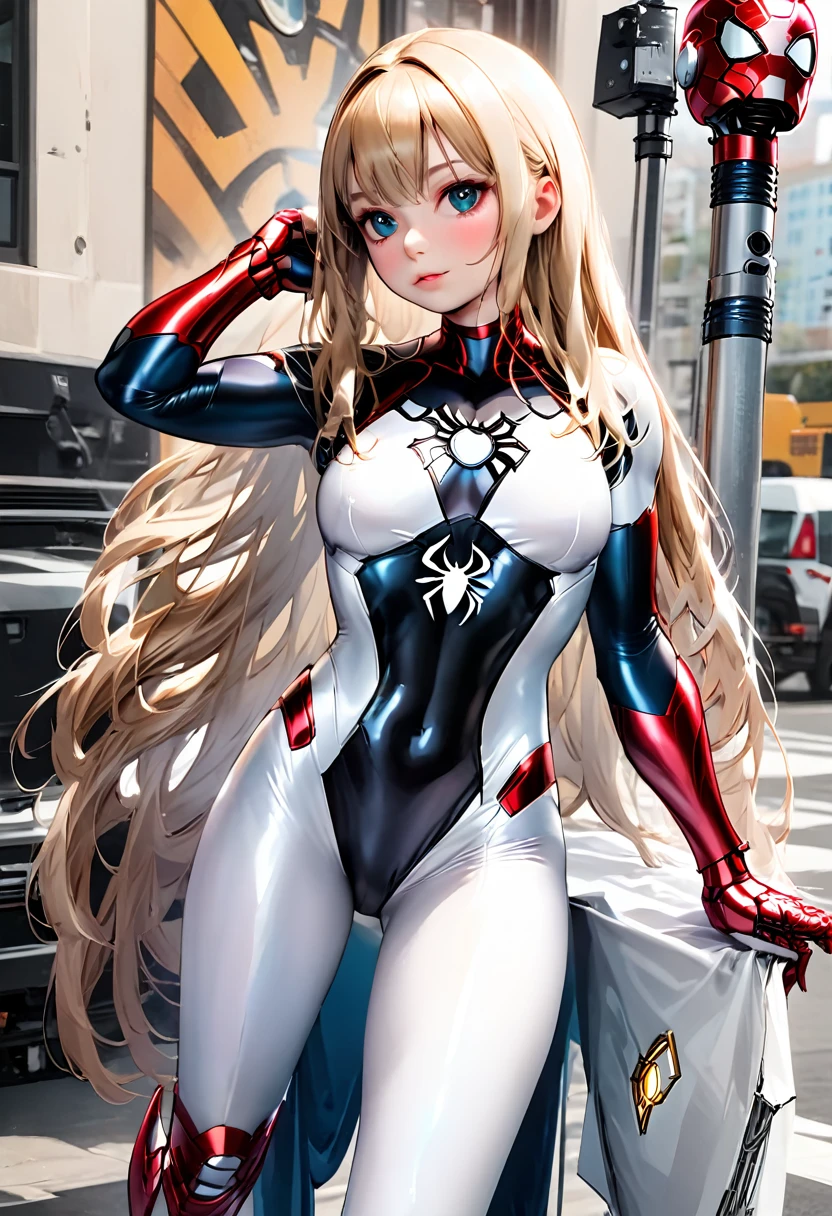 a beautiful detailed white iron man cosplay girl, 1 girl, extremely detailed face and eyes, long hair, big breasts, white skin, black spider man symbol in costume, 8k, best quality, high resolution, artwork prime, realistic, photo-realistic, studio lighting, vivid colors, hyper detailed, scenery that matches the details of the character..