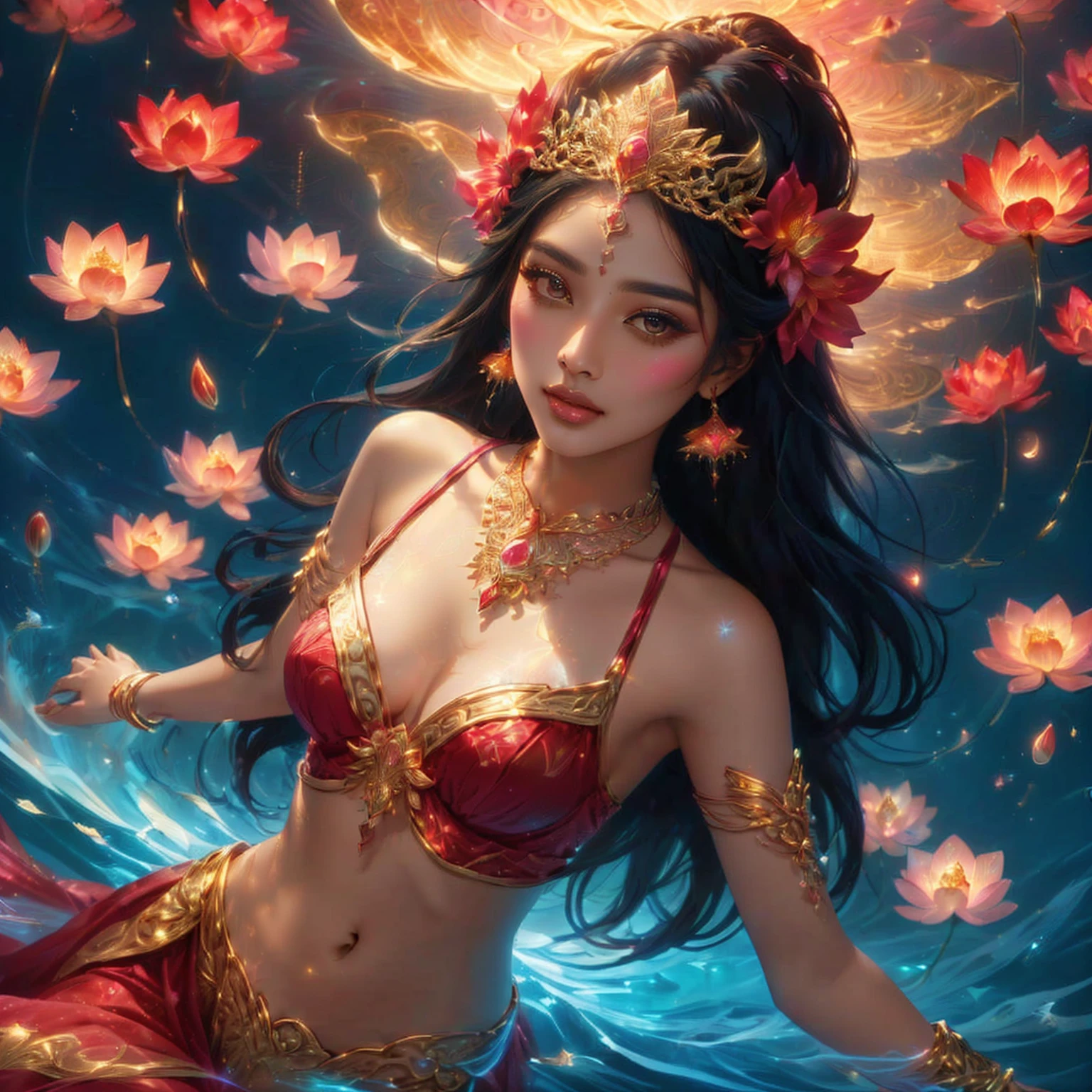 Half-Indian woman, super model , , pink mouth ,Dressed in gold, standing in front of a crescent moon., goddess of heaven, goddess of the moon, anime goddess, beautiful heavenly mage, lunar goddess, Moon Goddess, Golden Lotus Princess, Goddess of the Galaxy, Beautiful Fantasy Empress, ((Beautiful Fantasy Empress)), Goddess and Moon, As the sun goddess,, Goddess of space and time , , Fine gold jewelry , pink diamond , pink dress ,