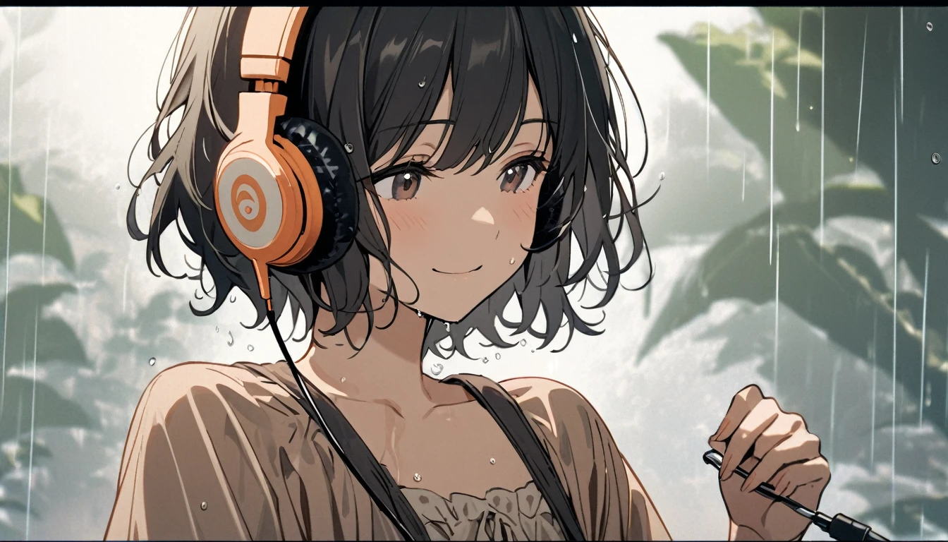 1girl, solo, gentle smile on her face flat chest, short hair, black hair, upper body, A woman in her twenties wearing a pastel brown gown listening to music from her headphone while being wet in the pouring rain