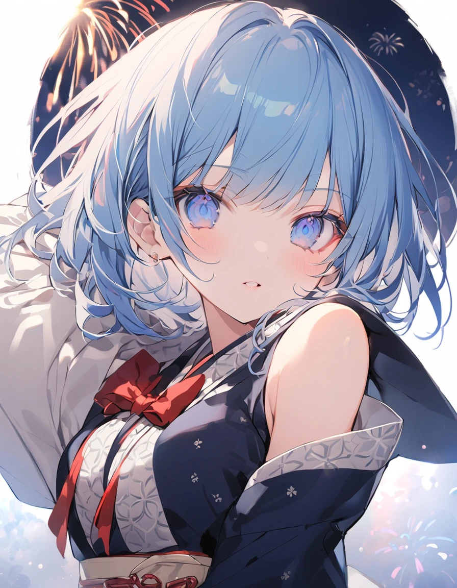 Navy blue hair, navy blue eyes, mash, night, yukata, fireworks, boy