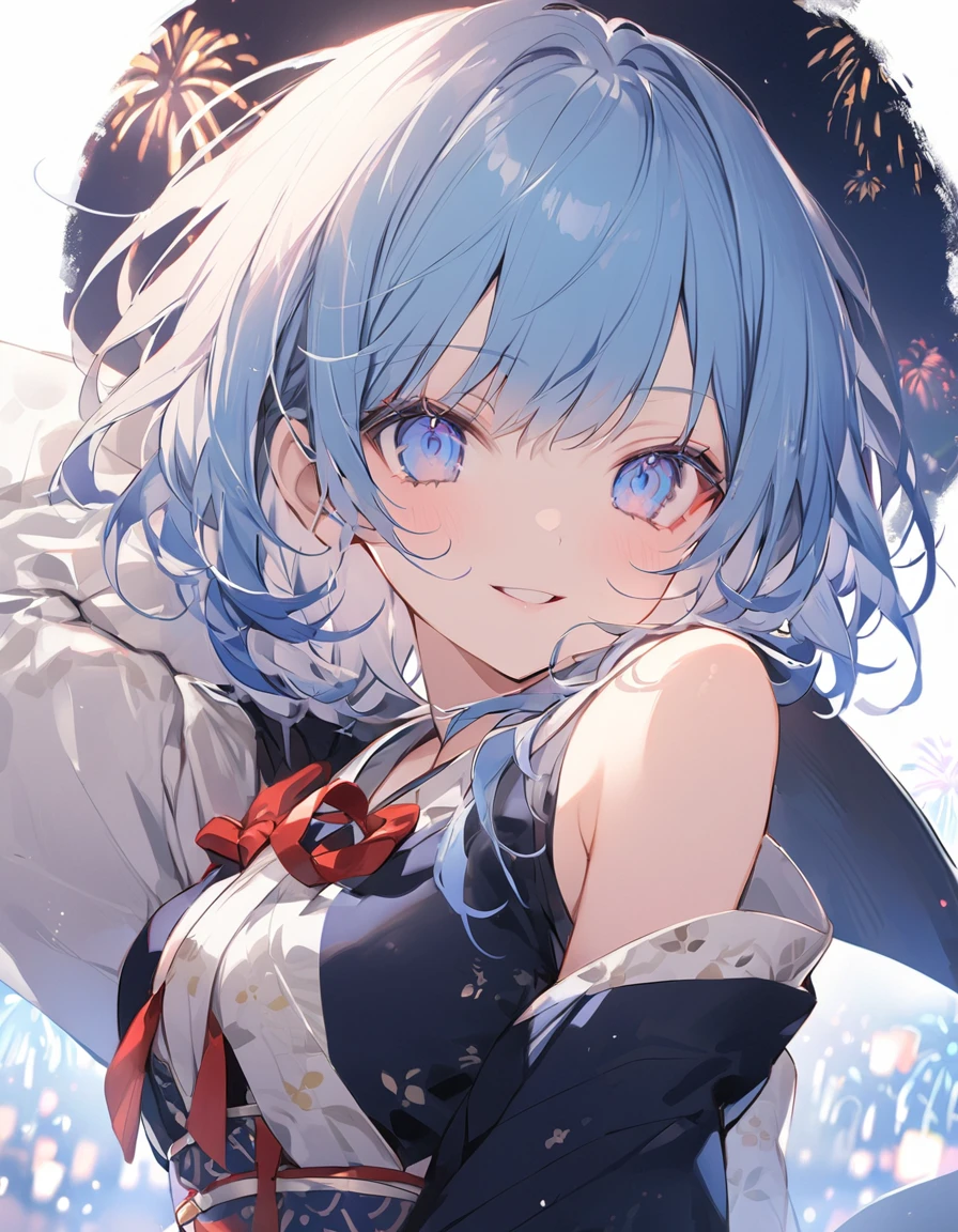 Navy blue hair, navy blue eyes, mash, night, yukata, fireworks, boy