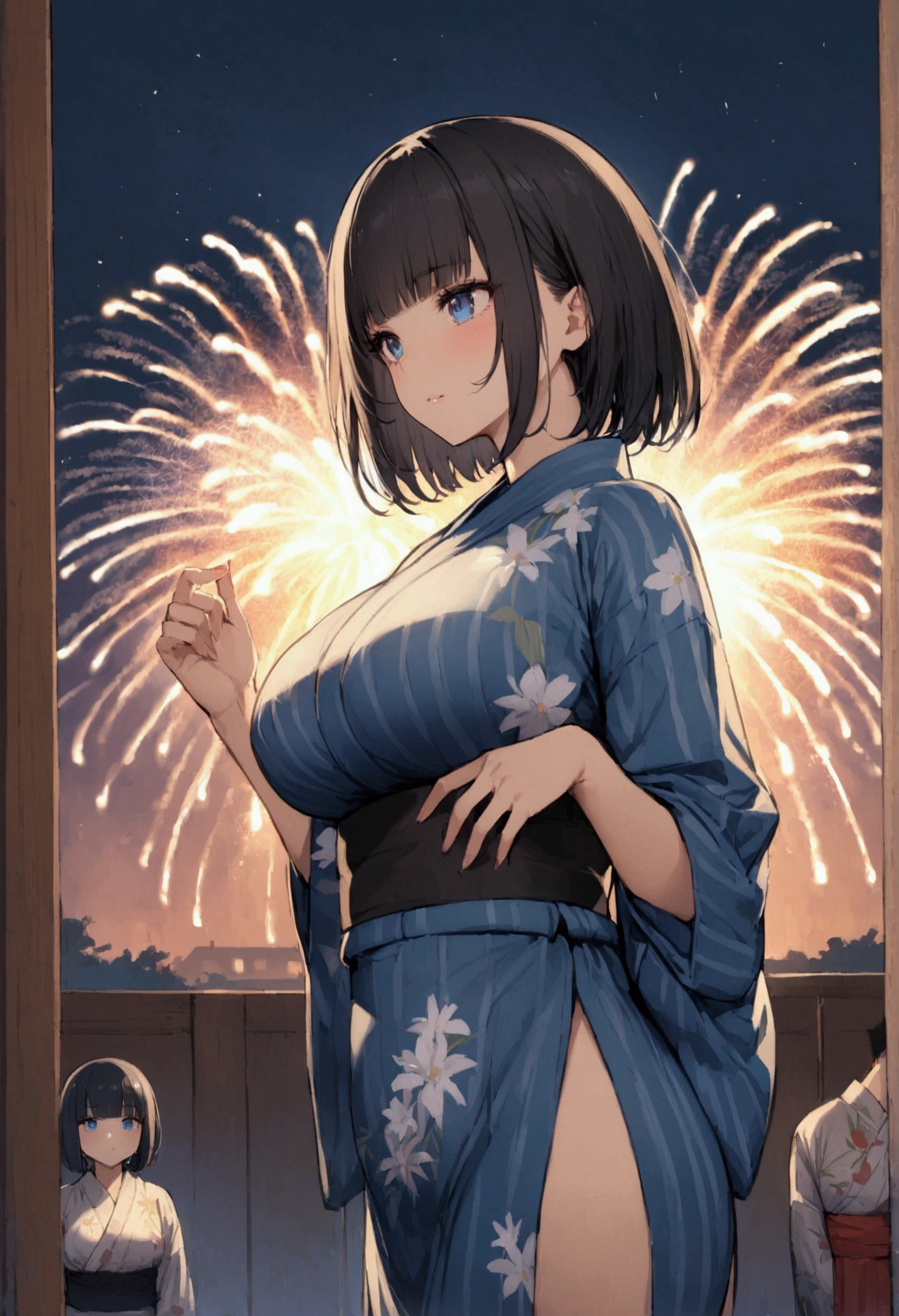 Hime cut with long black hair、Full-body illustration of a girl with straight bangs and blue eyes、Have big breasts、Wearing a yukata、Watching the fireworks explode