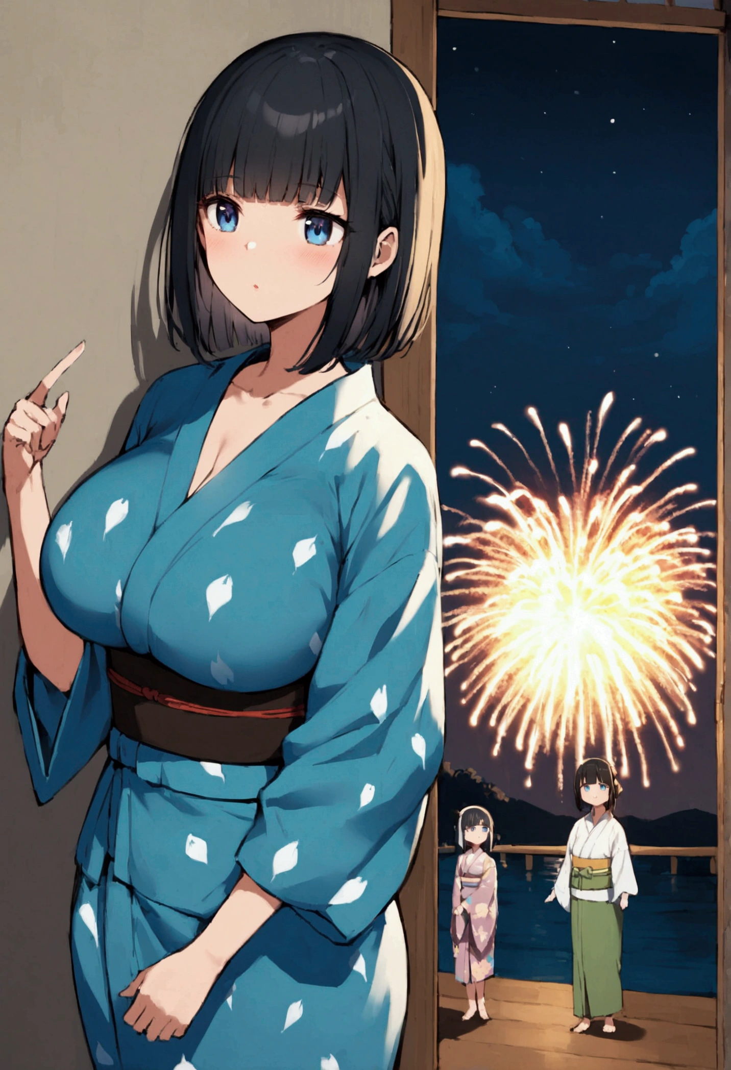 Hime cut with long black hair、Full-body illustration of a girl with straight bangs and blue eyes、Have big breasts、Wearing a yukata、Watching the fireworks explode