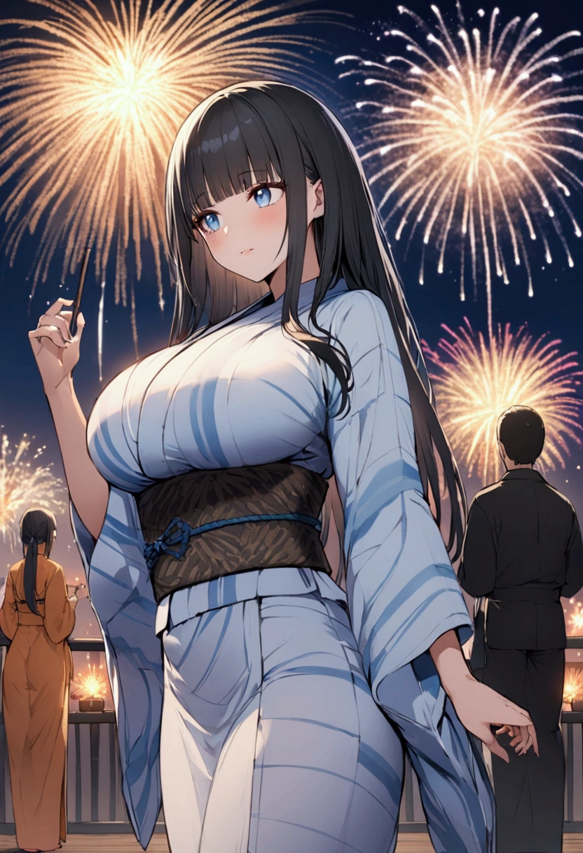 Hime cut with long black hair、Full-body illustration of a girl with straight bangs and blue eyes、Have big breasts、Wearing a yukata、Watching the fireworks explode