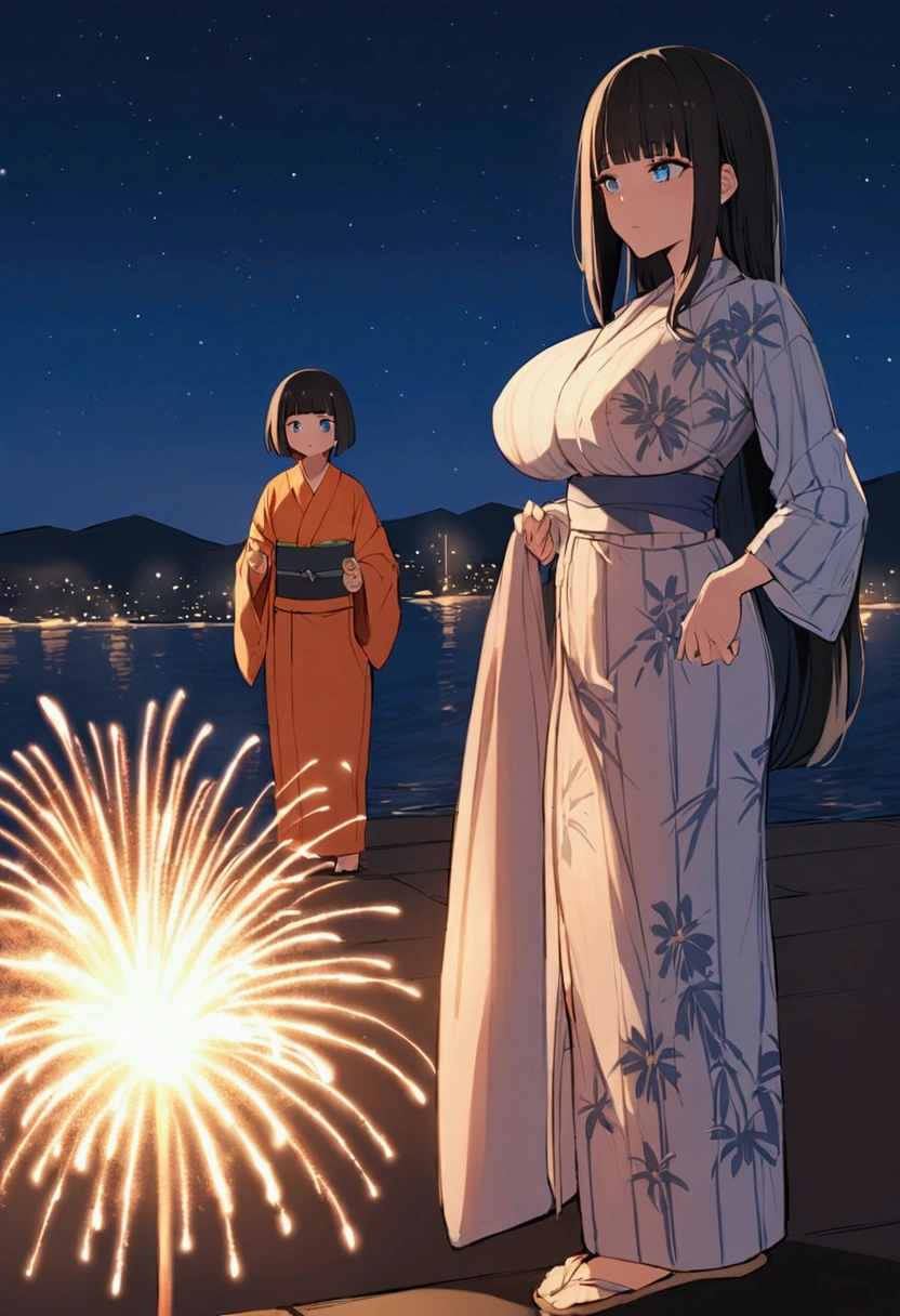 Hime cut with long black hair、Full-body illustration of a girl with straight bangs and blue eyes、Have big breasts、Wearing a yukata、Watching the fireworks explode