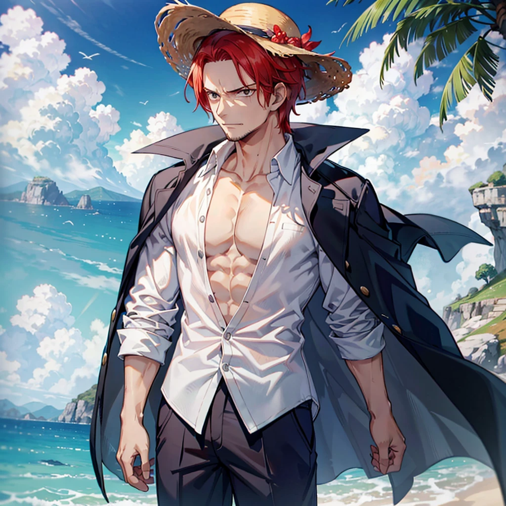 vector art, clear and crisp, (masterpiece, best quality), intricate details,
1boy, man, red hair, straw hat, Shnks, shanks \(one piece\), scar on face, short hair, shirt, white shirt, male focus, open clothes, collared shirt, pants, cape, coat, open shirt, facial hair, scar, sandals, pectorals, partially unbuttoned, pectoral cleavage, coat on shoulders, nature, scenery, upper body, straw hat,